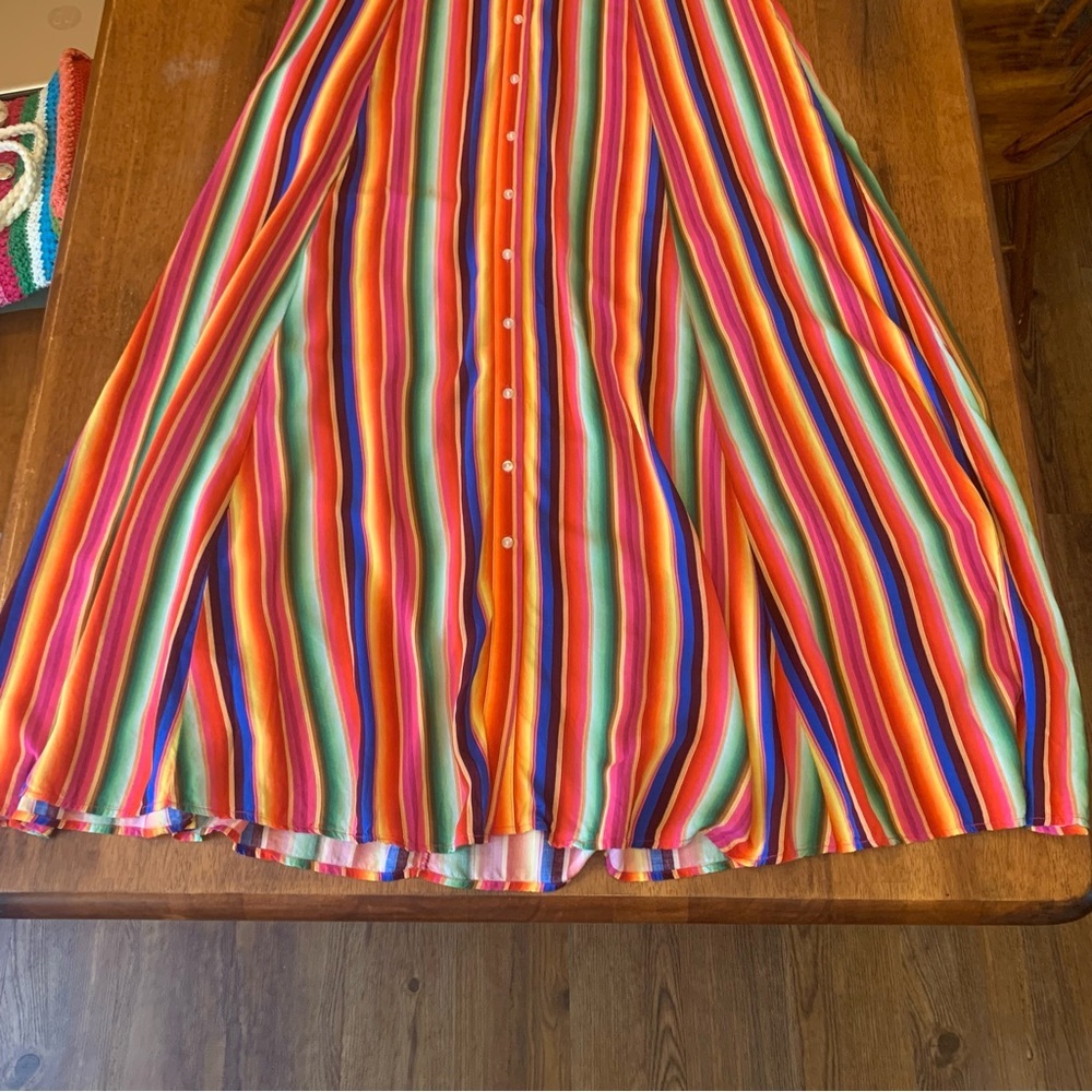 Philosophy Dress 14 Vibrant Rainbow Striped Maxi Button up 3/4 Sleeves Highwaist - Picture 3 of 14